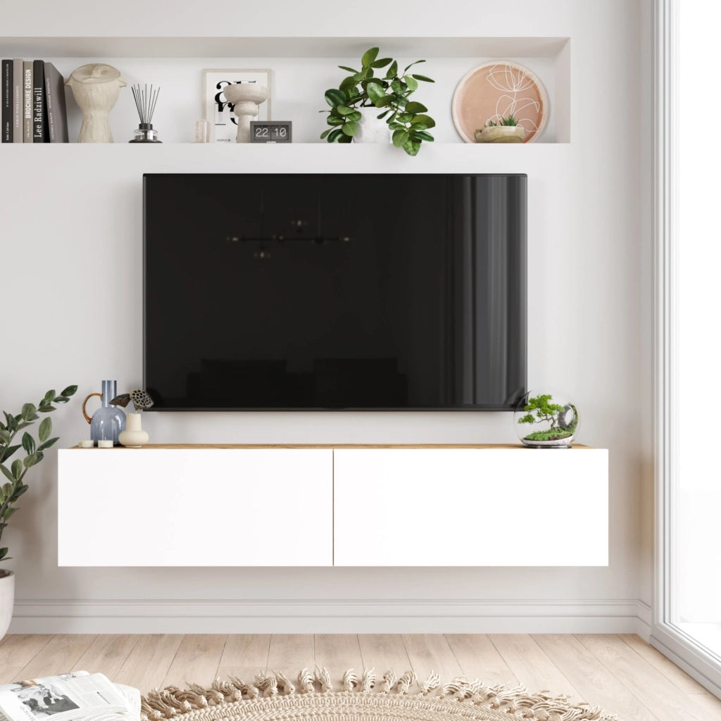Mobile Porta TV Lapinlahti con 2 Ante a Ribalta Consolle da Parete 140 cm - Rovere Rustico/Bianco [en.casa]