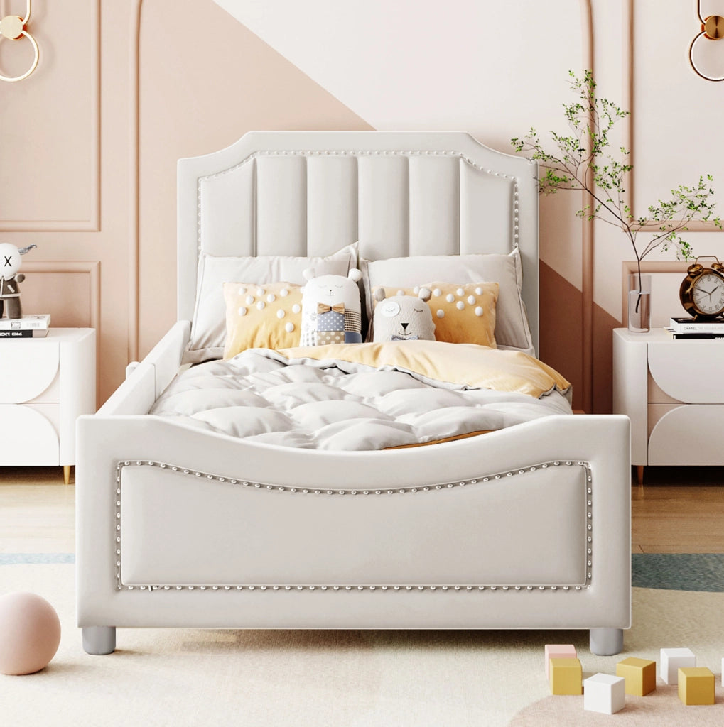 Letto imbottito 90x200 cm multifunzione; legno; beige (Senza materasso)