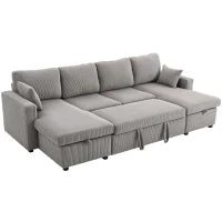 Divano Letto Moderno a U con 2 Chaise Longue e Vani Contenitore, Velluto a Coste, 282x140x86 cm, Grigio