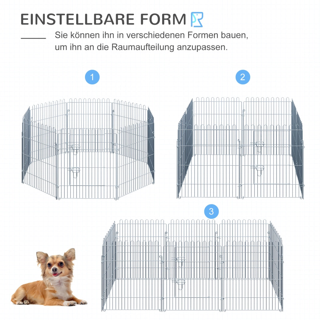 Recinzione decorativa per cuccioli a 8 pannelli con porta e 8 ancoraggi per esterno in acciaio silver 63 × 76 cm