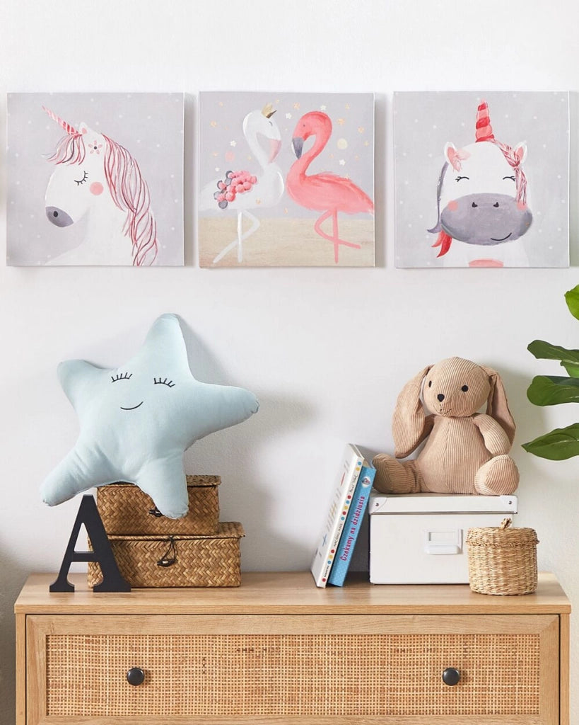 Set di 3 stampe artistiche su tela in poliestere grigio e rosa 30 x 30 cm ganci di montaggio per la cameretta dei bambini