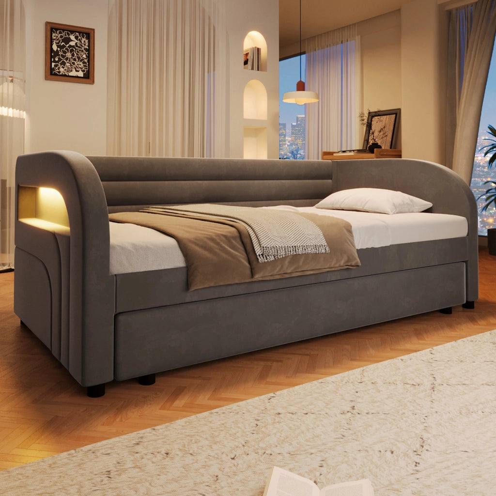Letto Estraibile 90x200 cm; con LED Regolabile e Letto a Scomparsa; in Flanella; Grigio