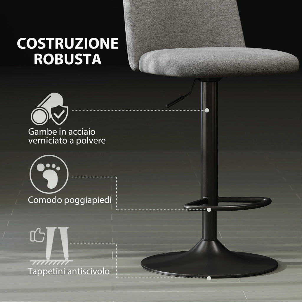 Set 2 Sgabelli da Bar Girevoli 44x53x91-111A cm in Tessuto Effetto Lino Grigio Scuro