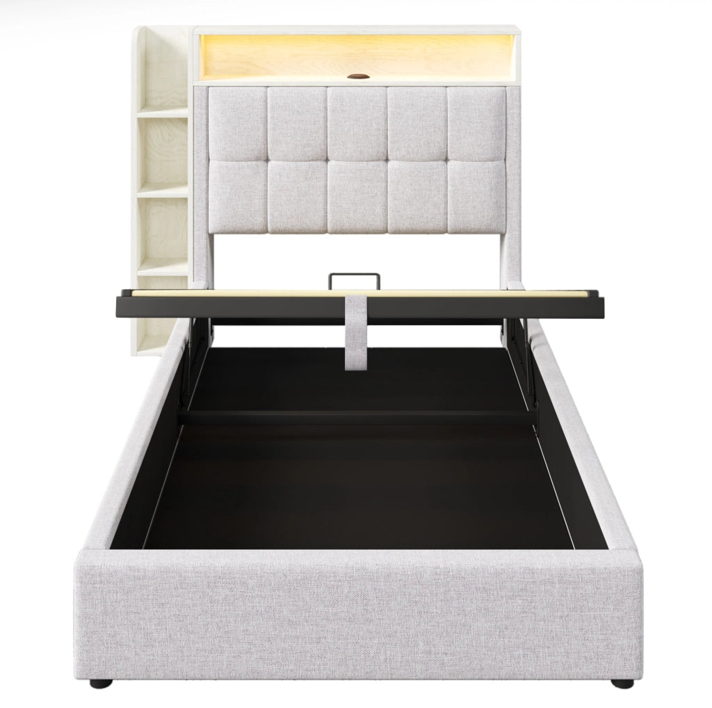 Letto matrimoniale 90x200 cm senza materasso con contenitore idraulico; LED; USB e Type-C; beige