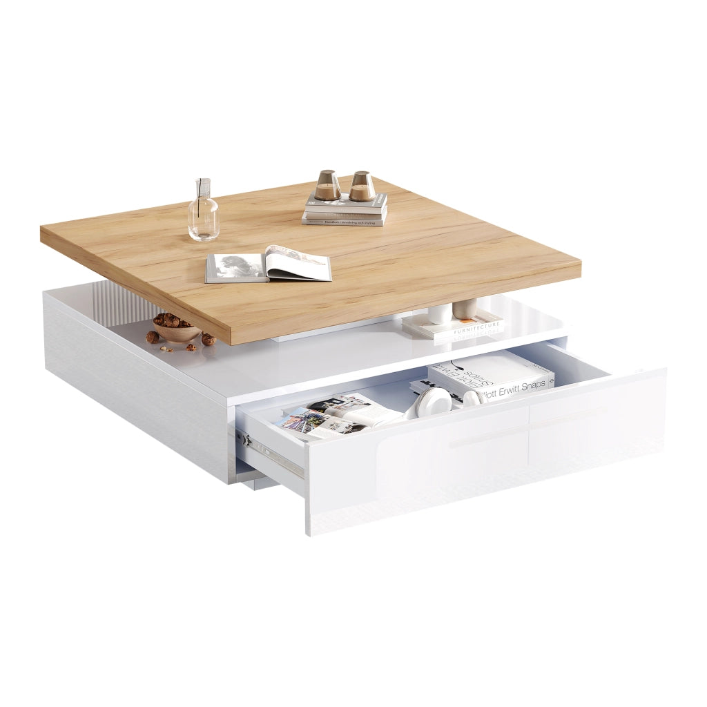 Tavolino da caffè 70x70x36 cm; girevole 360° con vano contenitore; truciolare; colore naturale e bianco