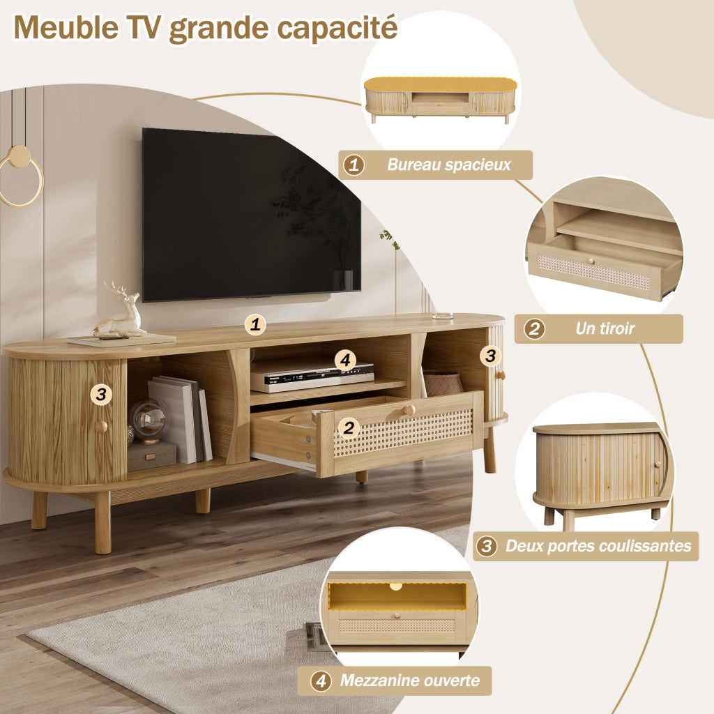 Mobile TV con 1 Anta Scorrevole; 2 Cassetti e Vani Aperti per Soggiorno in MDF 165 × 37 × 46 cm Naturale