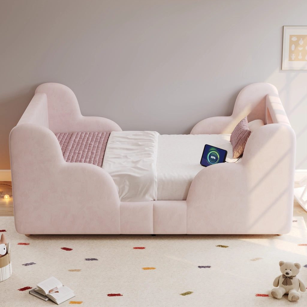 Letto singolo per bambini 90x200 cm in velluto rosa con luce notturna e USB