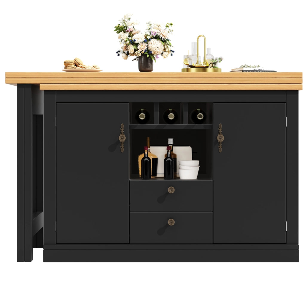 OKWISH Tavolo da pranzo allungabile stile bar con contenitore, portabottiglie e ripiani regolabili, MDF, Nero, 120×40×76 cm