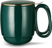 Tea infuser con coperchio e setaccio, 480 ml, manico curvo grande, the infusore a parte, verde scuro, liscio, tazze di ceramica con bordo dorato, coperchio per infusione di acqua