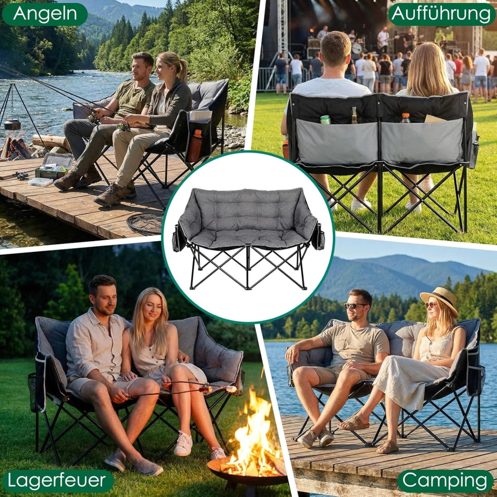 Sedia da Campeggio per 2 Persone, Divano da Campeggio Doppia 320KG, Sedia da Campo Portatile, con Tasca Laterale e posteriore, borsa per il trasporto, per Giardino, Spiaggia, Pesca, Grigio