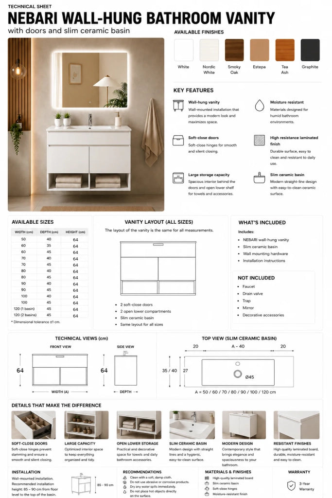 Mobile bagno sospeso con lavabo extrapiano ORIGENBATH NEBARI senza specchio 120x45 cm doppio lavabo bianco nordico
