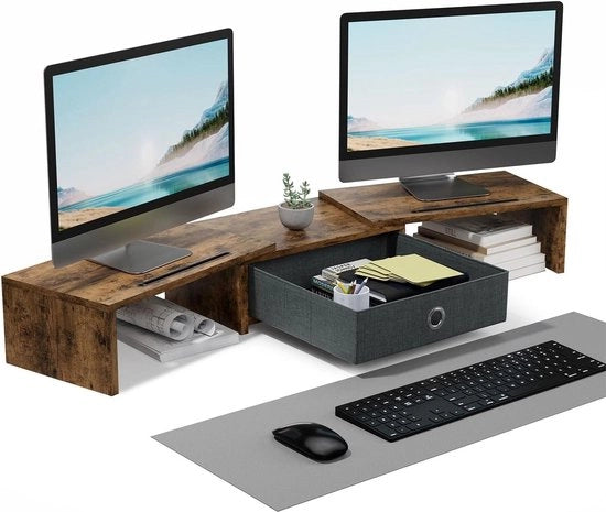 Sostegno per Monitor da Scrivania in Legno - Risorso con Regolazione di Angolo per Organizzatore di Scrivania per Due Monitor