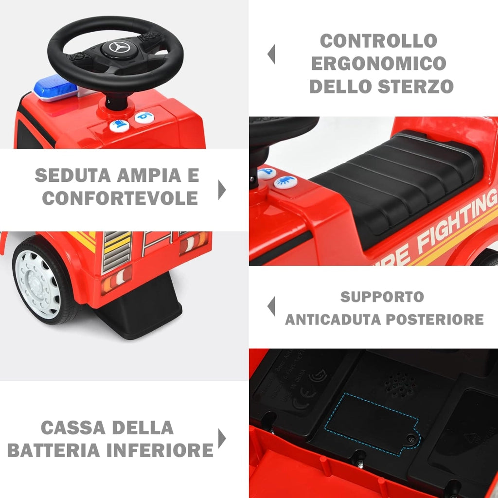 Camion dei Pompieri per Bambini, Macchinina Cavalcabile per Bambini, con Volante, Schienale, Macchina Cavalcabile con Piedi a Terra, Rosso