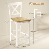 Set di 2 Sgabelli da Bar con Schienale e Poggiapiedi, Legno di Gomma, per Cucina, Sala da Pranzo, Bar, Rovere+Bianco