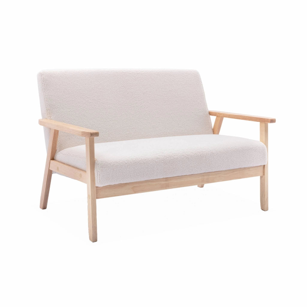 Divano in bouclé con gambe in legno, 2 posti, crema