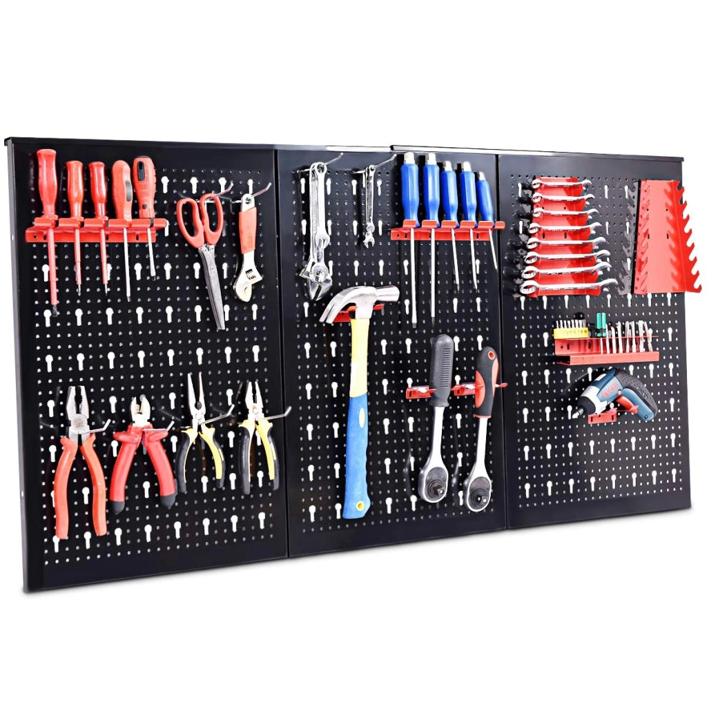 Pannello forato portautensili da parete 17pz con ganci, Pannello attrezzi da parete per officina garage 120x60cm-Deposito utensili Tool