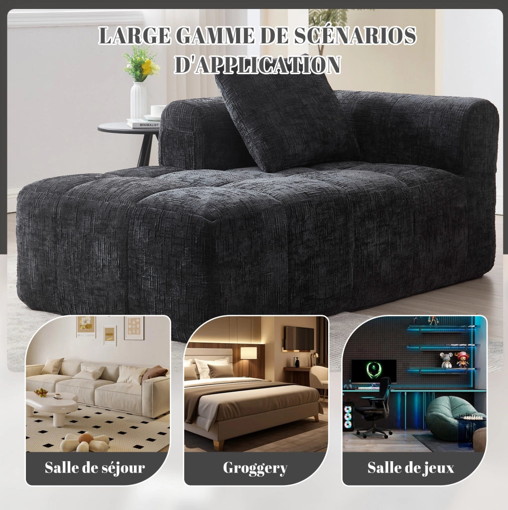 Divano Chaise Lounge Nero con Cuscino, Tasche Laterali e Rivestimento Morbido 158x90x60 cm