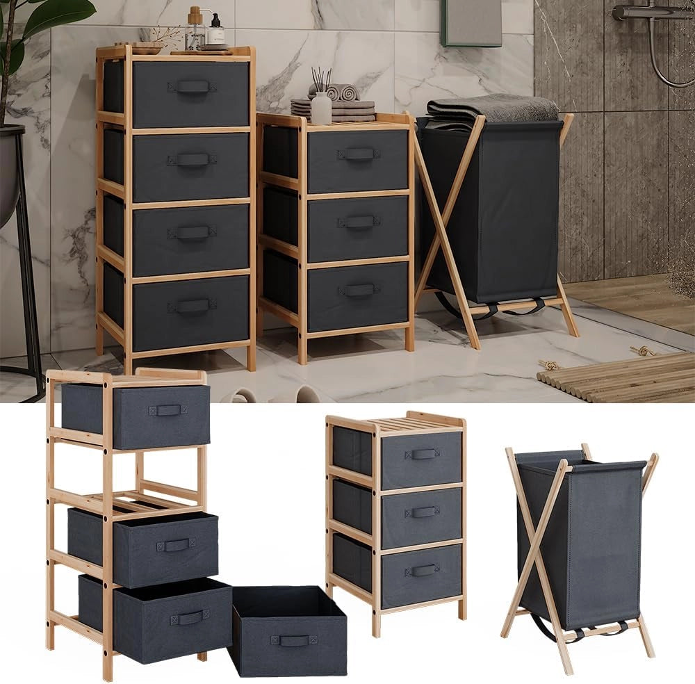 Set di mobili da bagno Bruno, Grigio, 3 parti, composto da 2 cassettiere e un cesto portabiancheria