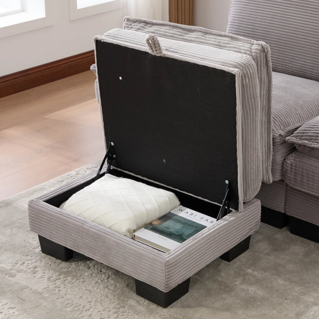 Divano modulare 3 posti con pouf; velluto a coste; USB-C; grigio chiaro