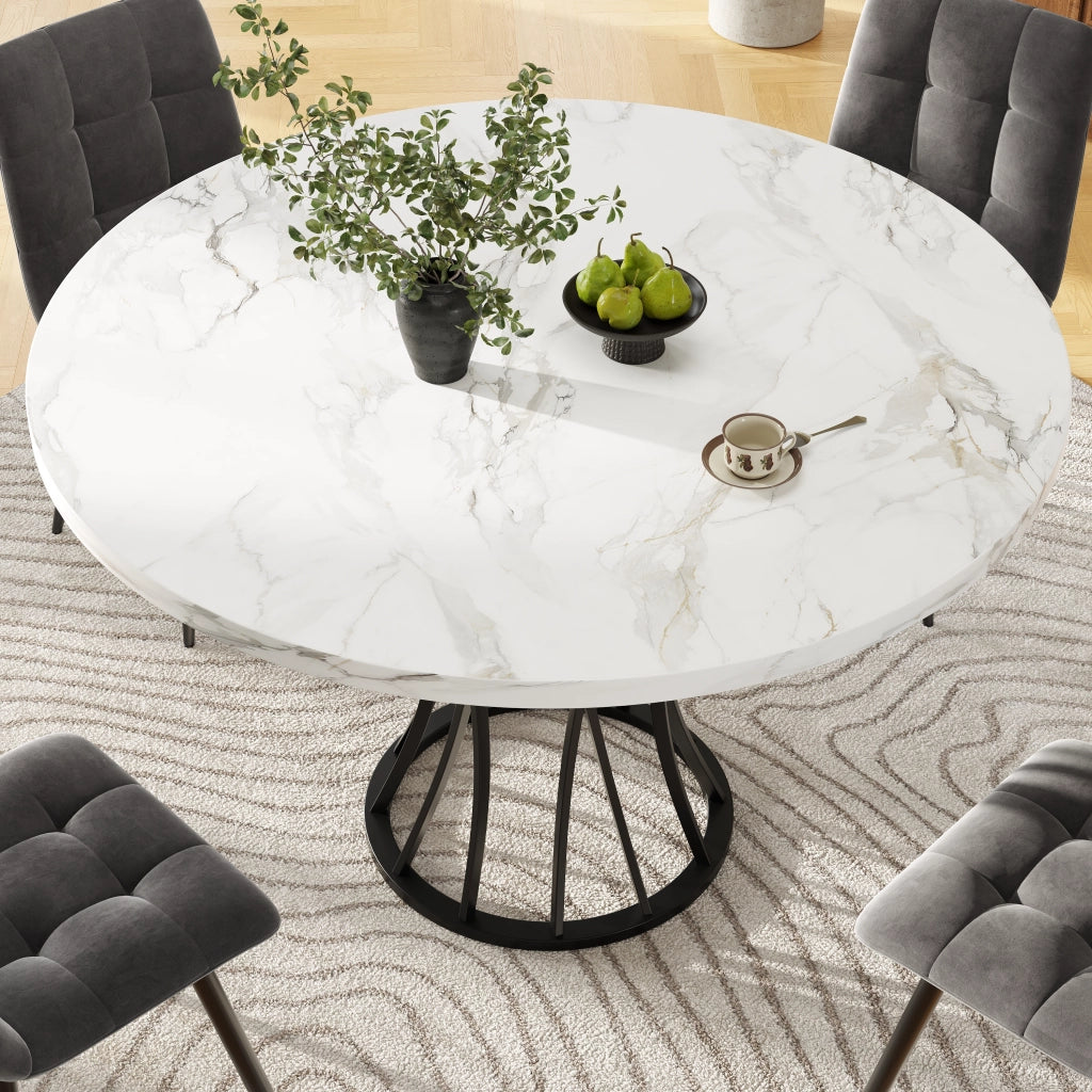 Tavolo da pranzo rotondo in MDF effetto marmo e metallo, per sala da pranzo soggiorno ufficio, nero, 80 × 80 × 76 cm