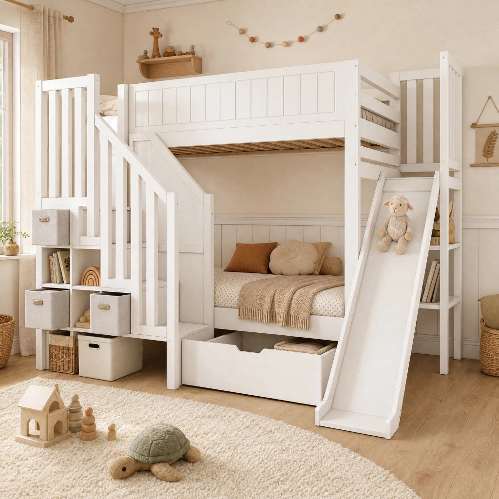 Letto a castello con scivolo; scala-armadio e cassetti; 90x200 cm; bianco
