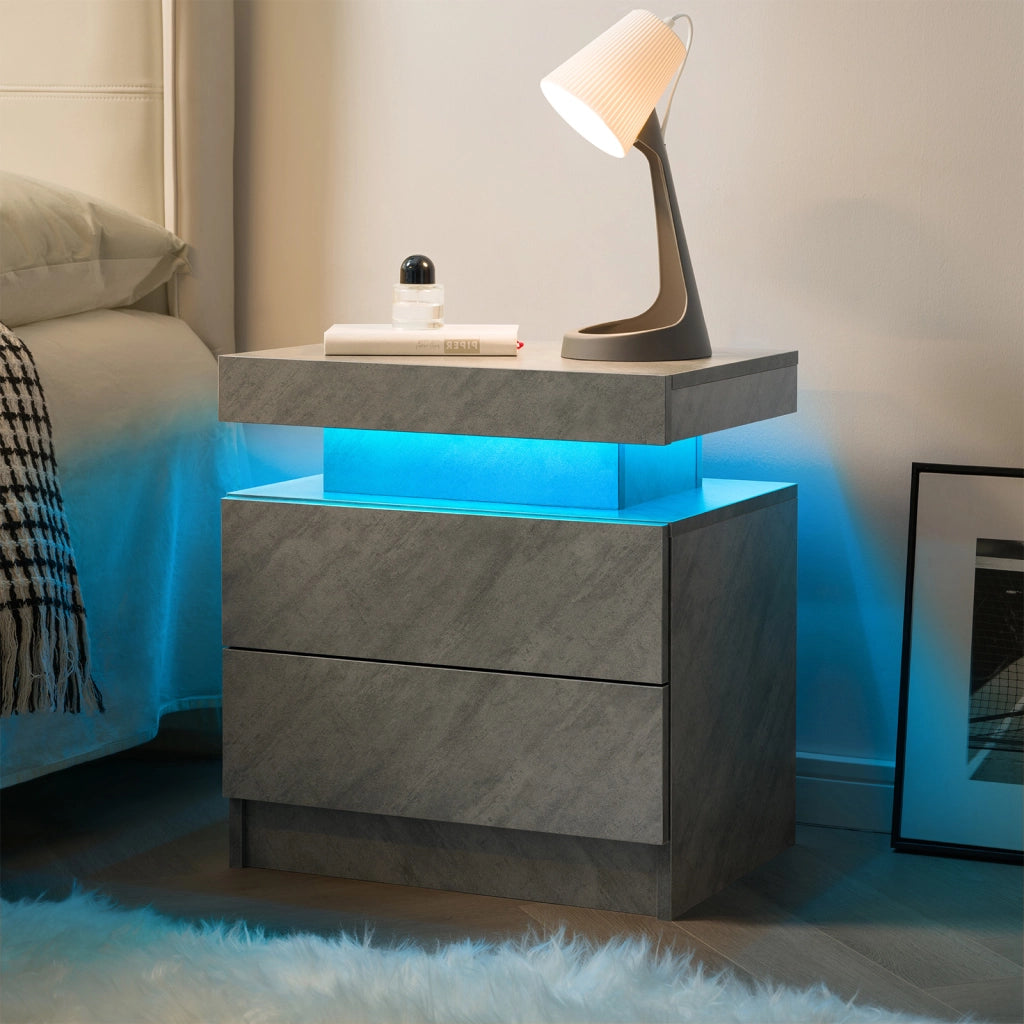 Comodino con 2 cassetti e vano aperto con LED regolabile per camera da letto; 59×45×20 cm; grigio scuro