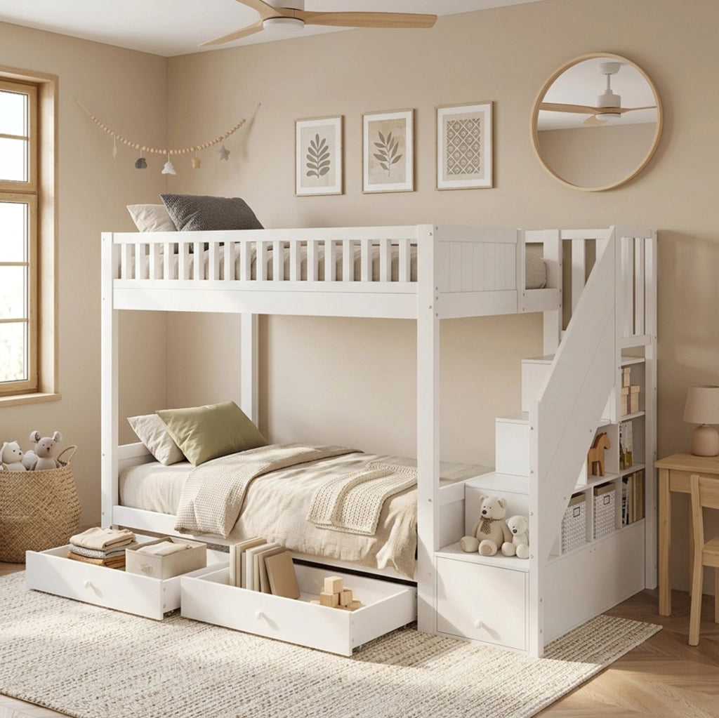 Letto a castello bianco 90x200 cm per bambini con scala contenitore; 2 cassetti e sponde di protezione