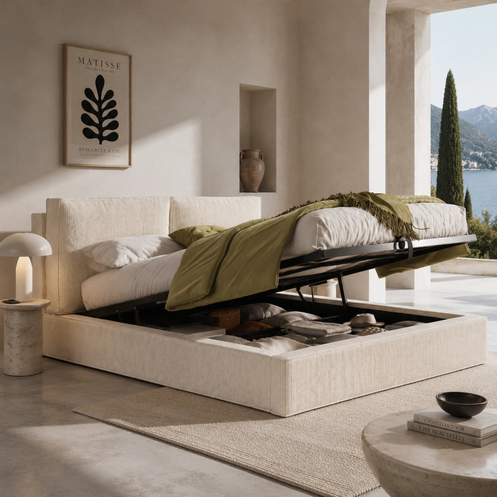 Letto matrimoniale imbottito 180x200 cm in corduroy beige con contenitore idraulico, testiera 105 cm e rete a doghe
