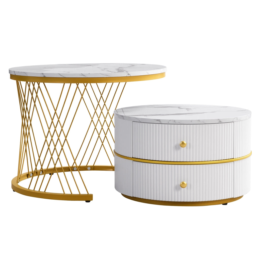 Set di 2 tavolini da caffè rotondi bianchi in MDF con effetto marmo lucido; 60x60x46 cm e 50x50x30;8 cm