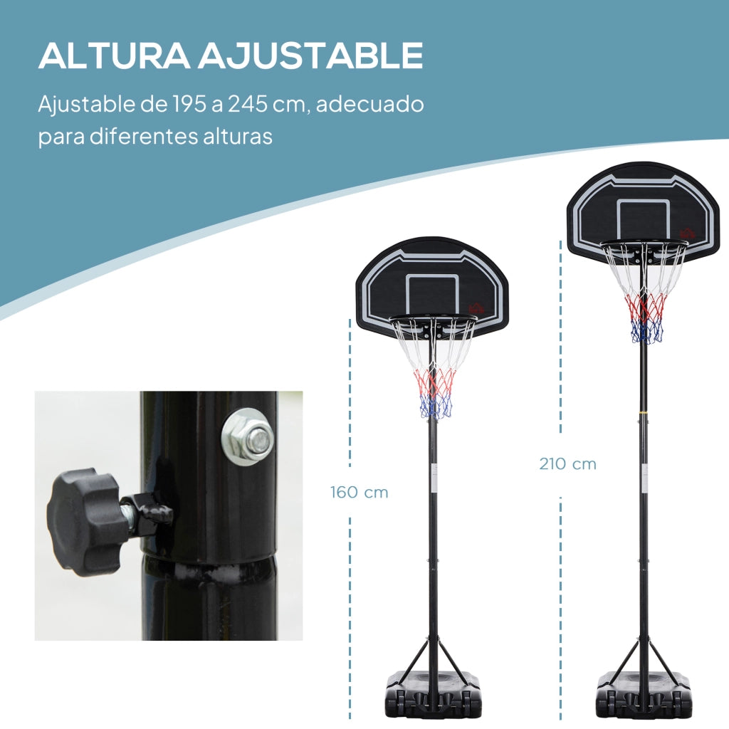Canestro da Basket per Esterno Altezza Regolabile 160-210 cm con Ruote e Base Riempibile 76x48x254 cm Nero ¨C zephmum ¨C 76x48x254 cm