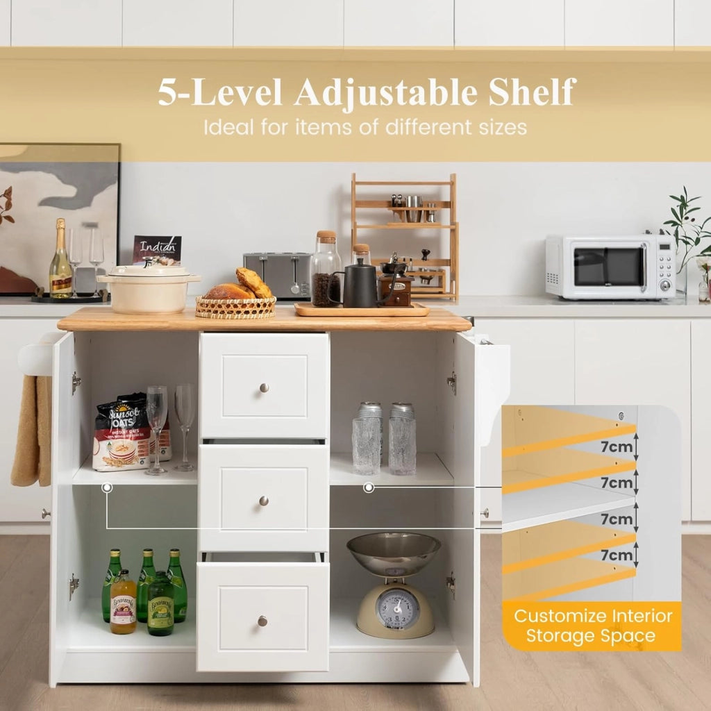 Carrello da Cucina in Legno di Quercia con 2 Armadi e 3 Cassetti, Credenza con 5 Rotelle e Cerniere in Metallo, Isola da Cucina per Soggiorno e Sala da Pranzo (Bianco)