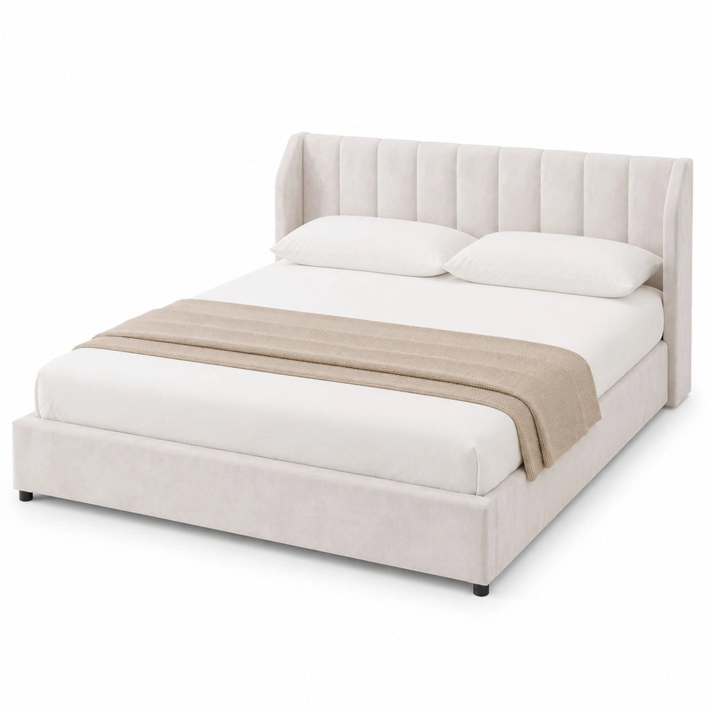 Letto Matrimoniale 180x200 cm; con Rete a Doghe; Testiera Imbottita e Cuscini - Beige