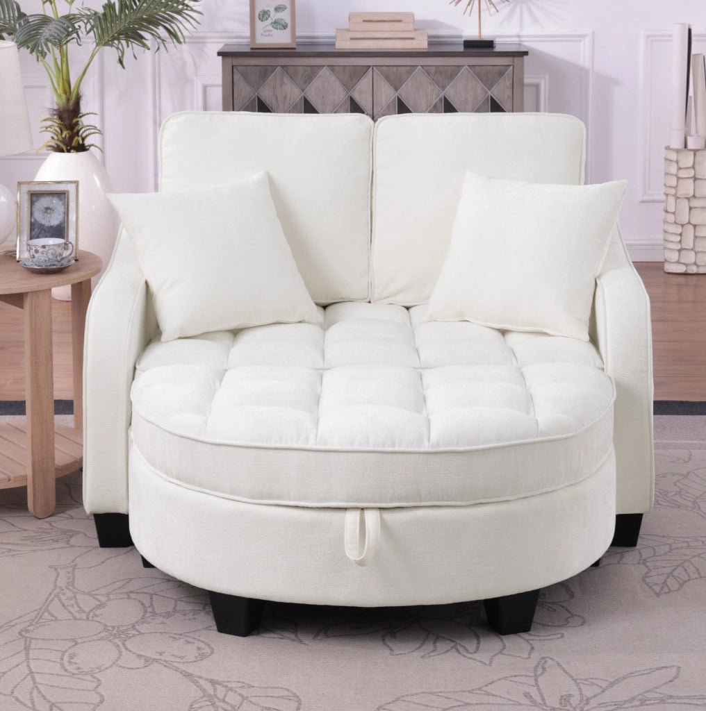 Divano letto 2 in 1 trasformabile con pouf contenitore 132x129x93 cm in eucalipto; beige