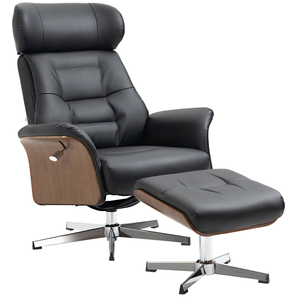 POLTRONA RELAX girevole con pouf in pelle sintetica nera