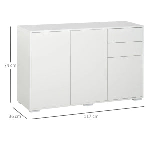 Sideboard bianco con 2 cassetti, 3 vani e ripiani regolabili, 117x36x74 cm