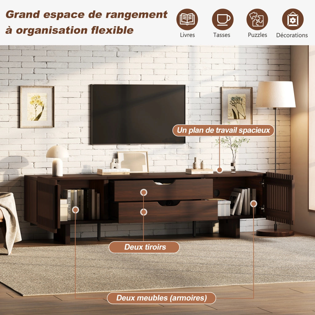 Mobile TV con 2 cassetti e 2 ante a lamelle - 180x40x45 cm - in MDF - noce scuro