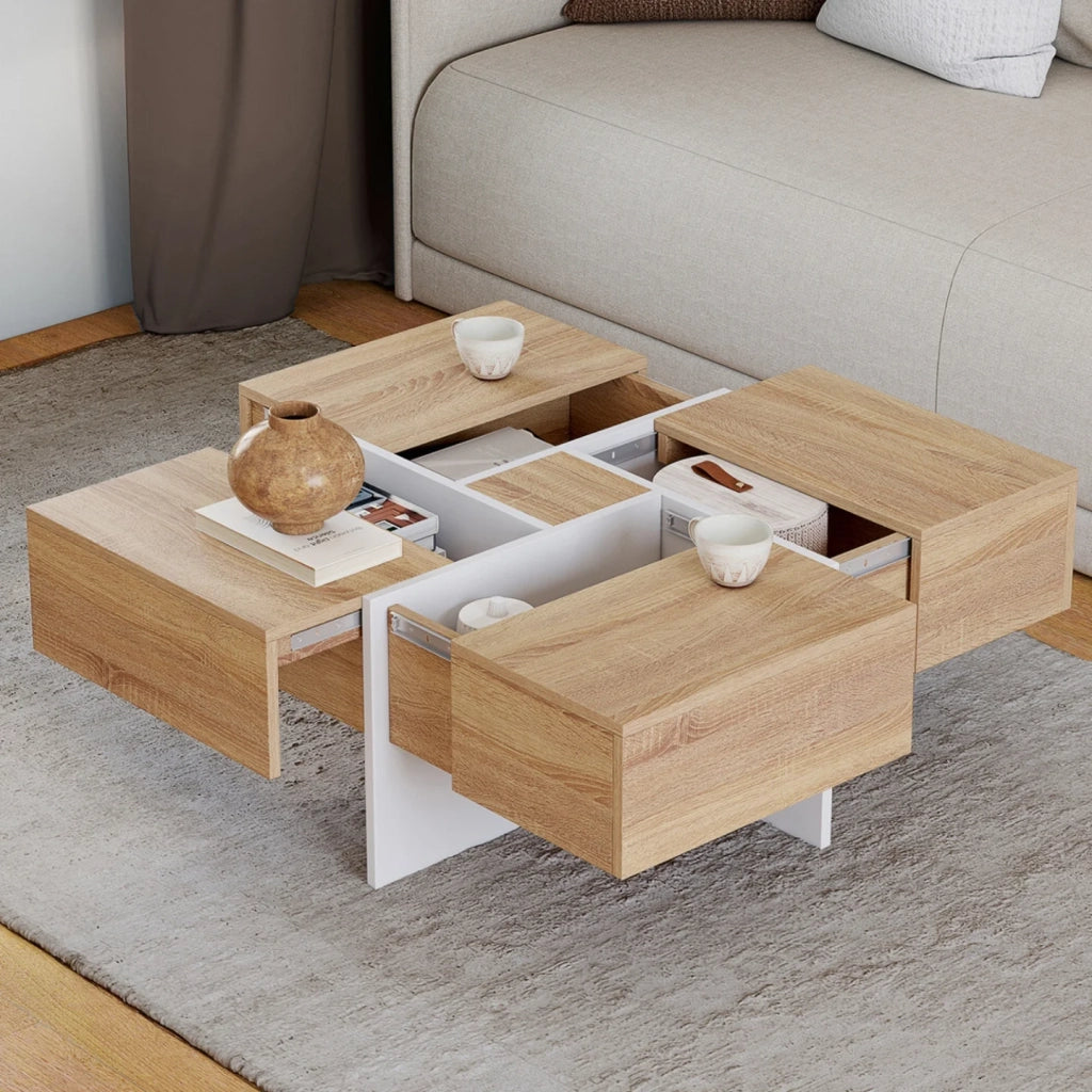 IDMarket - Tavolino quadrato TALIA 70 cm con cassetti in legno e bianco