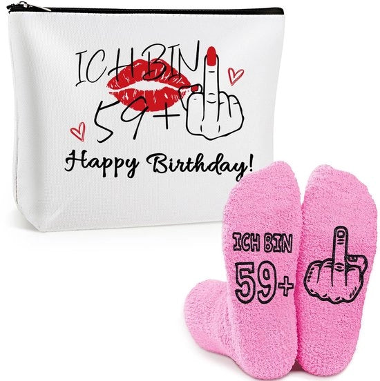 Regalo per il 60° compleanno della donna, 59+1 regalo divertente per donne con borsa cosmetica impermeabile e calze antiscivolo