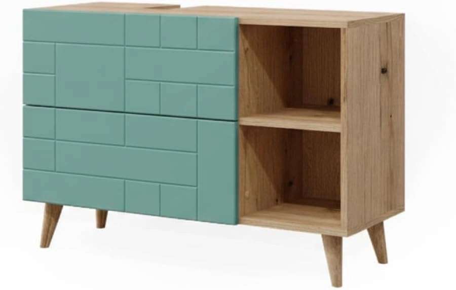 Mobile sottolavabo per bagno Rudi, Verde menta, 90 x 59 cm con 2 cassetti, con meccanismo push-to-open e struttura combinabile