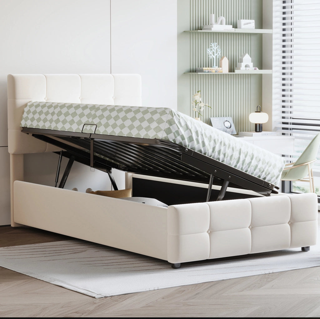 Letto imbottito per bambini 90x200 cm con contenitore idraulico beige