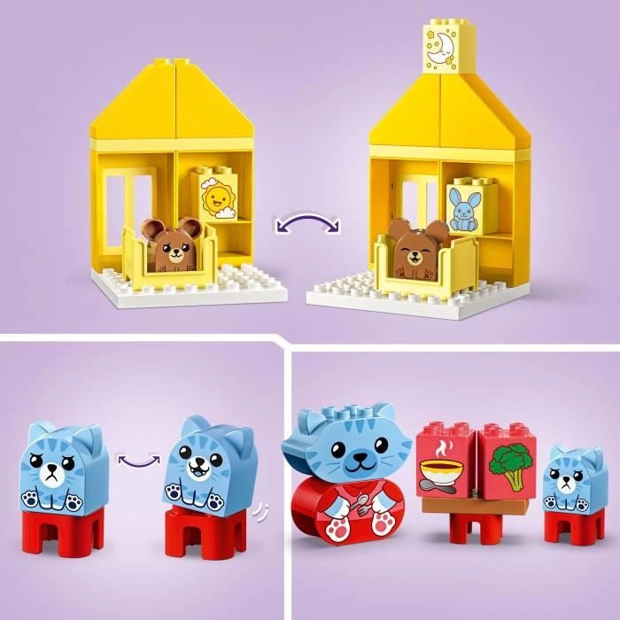 LEGO DUPLO I miei primi rituali quotidiani - Pasto e ora di andare a dormire, giocattolo sociale, 4 personaggi di animali, 10414