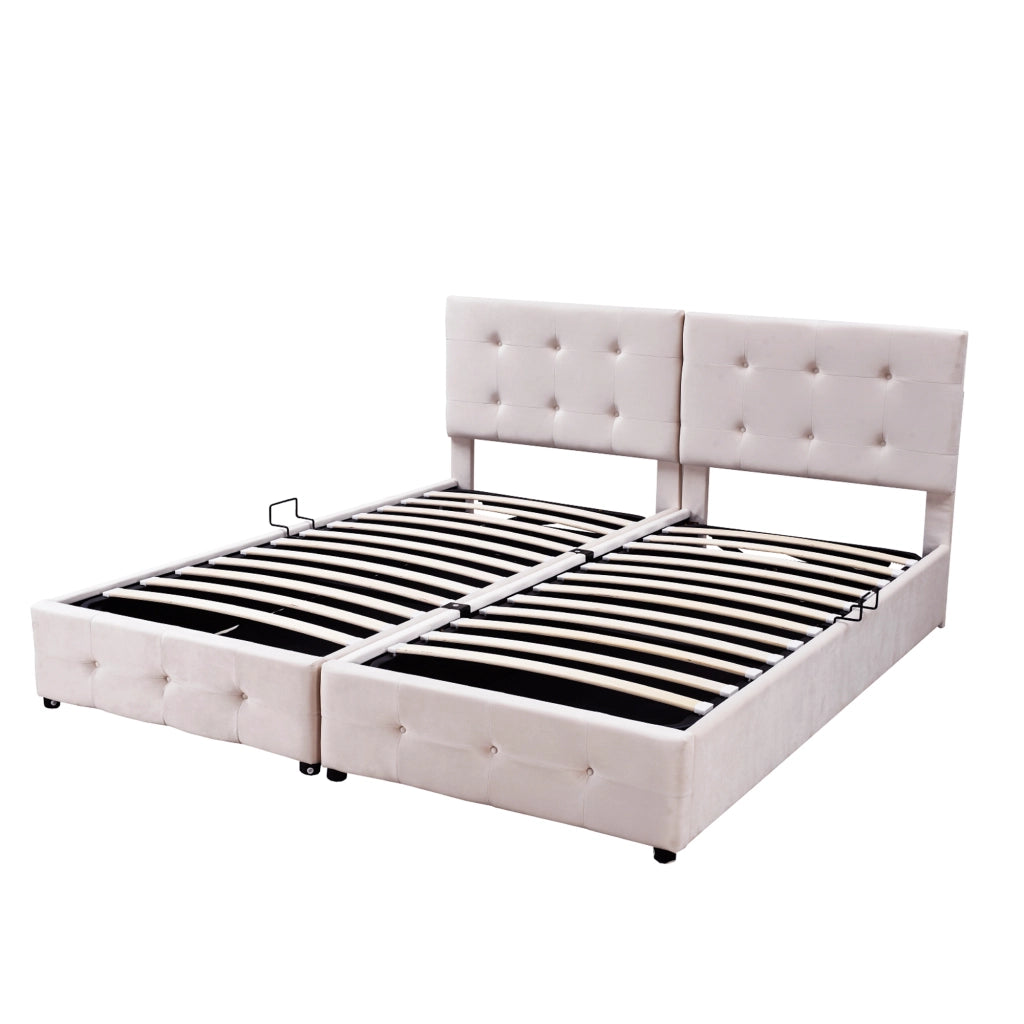 OKWISH Letto Contenitore 180×200 cm, Letto Matrimoniale con Sollevamento Idraulico, Testiera Regolabile e Convertibile, senza Materasso, Beige