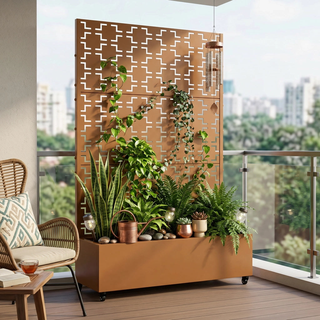 Fioriera con Spalliera Aaskis a Rotelle in Acciaio 190 x 120 x 38 cm - Marrone casa.pro