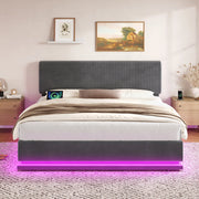 Letto imbottito 180x200 cm in velluto a coste grigio scuro con LED; USB-C e testiera regolabile