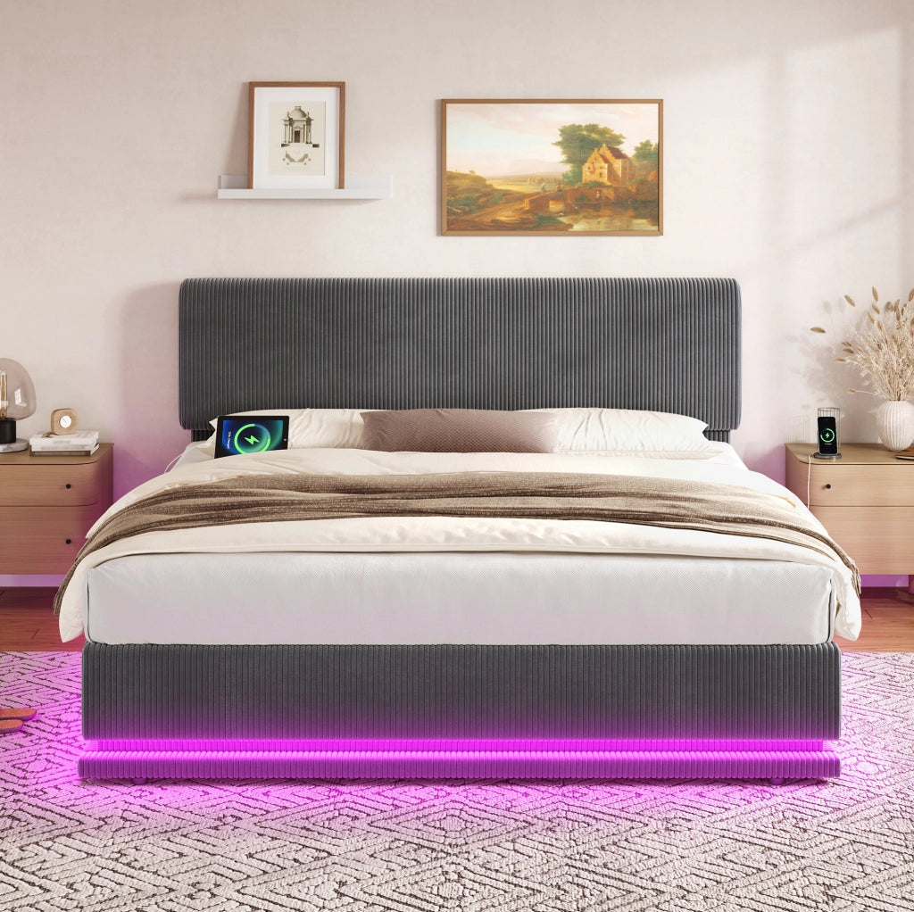 Letto imbottito 180x200 cm in velluto a coste grigio scuro con LED; USB-C e testiera regolabile