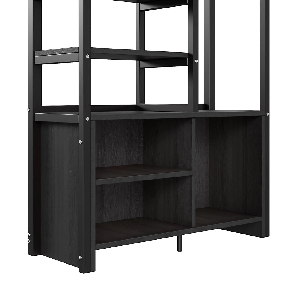 Letto a soppalco ULEVR 90x200 cm con scrivania, presa e USB, ripiani e vano aperto, nero
