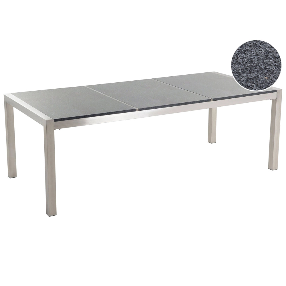Tavolo da pranzo da giardino Piano in granito grigio e argento Gambe in acciaio inox esterne 8 posti 220 x 100 x 74 cm