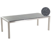 Tavolo da pranzo da giardino Piano in granito grigio e argento Gambe in acciaio inox esterne 8 posti 220 x 100 x 74 cm
