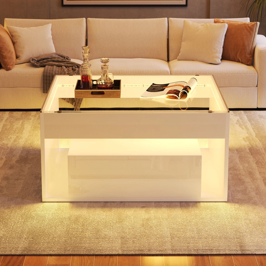 Tavolino da caff¨¨ 70 x 70 x 35 cm in MDF bianco con piano in vetro temperato, 2 cassetti, LED e portata 60 kg