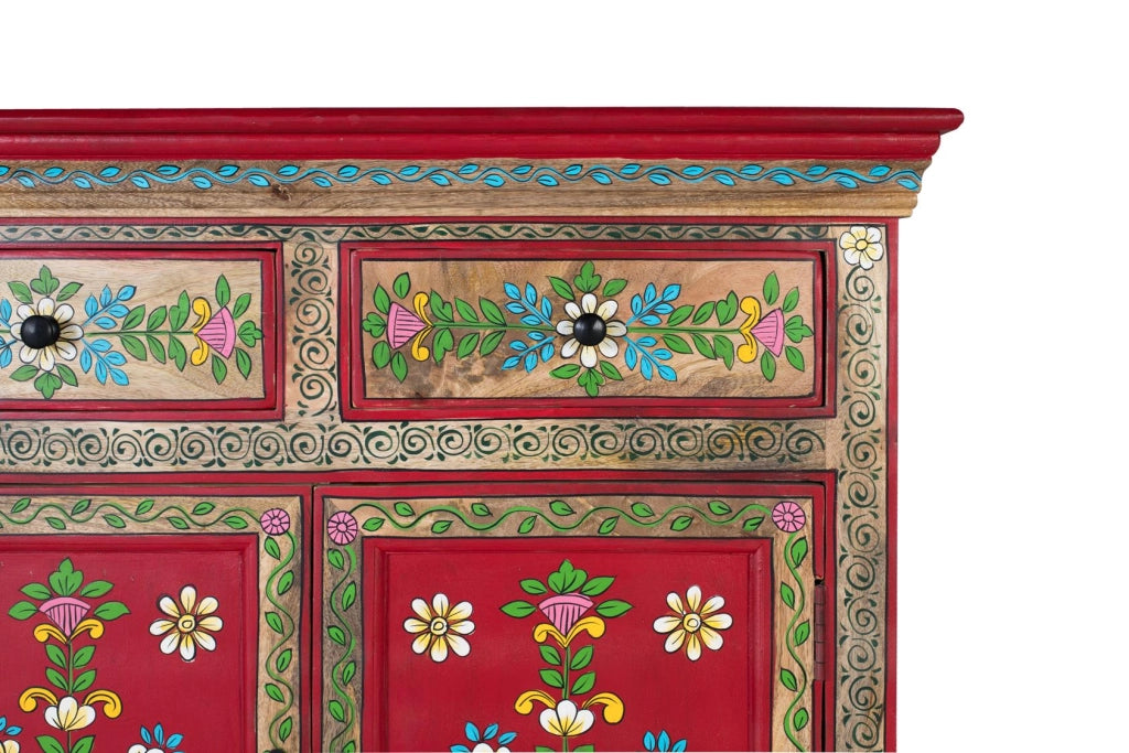 Credenza in legno di mango dipinta a mano con 2 cassetti e ante